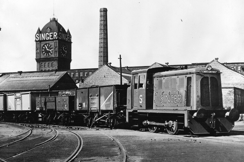 image of A Singer train transporting goods around the factory site c.1950s.