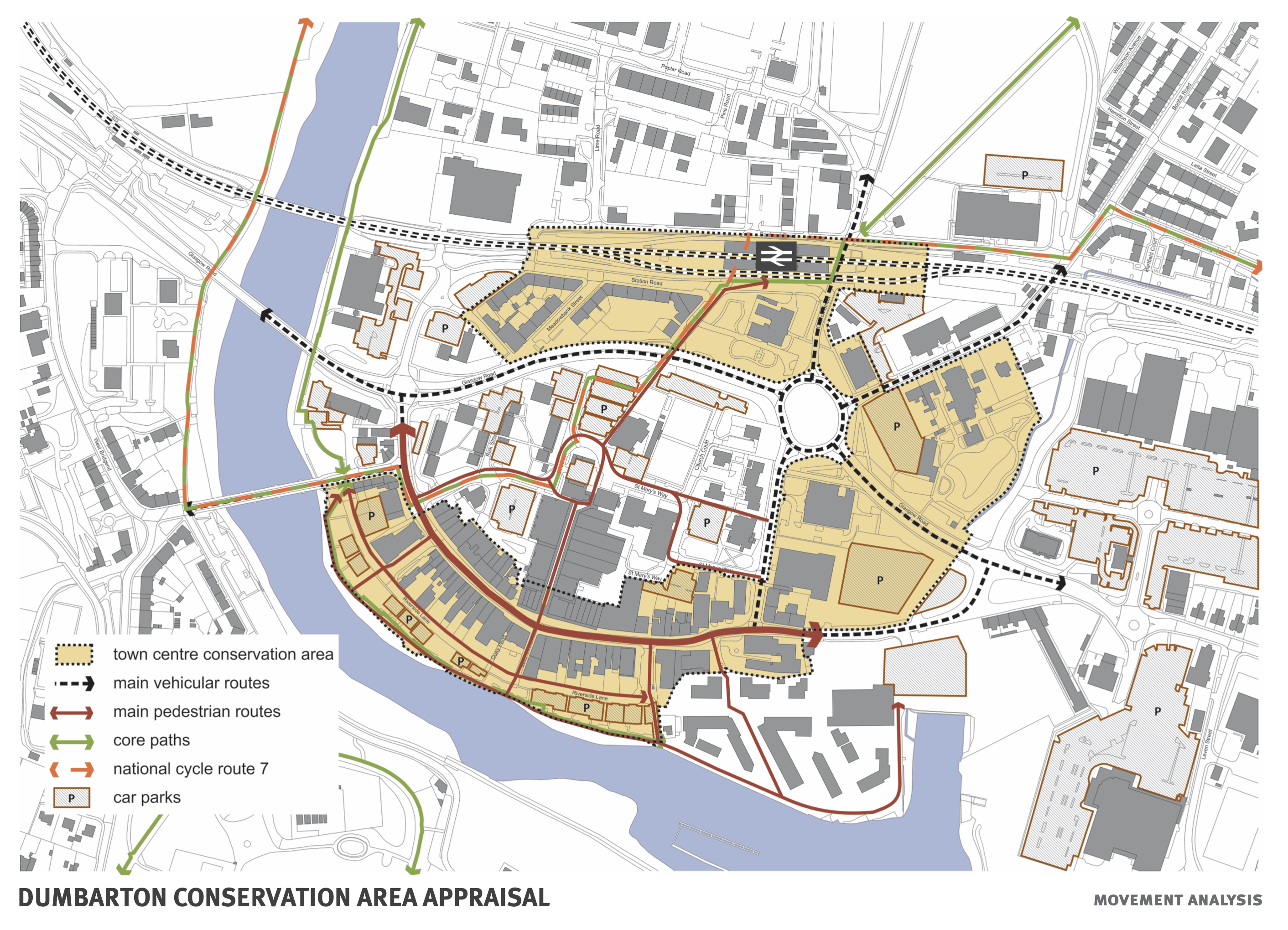 image of plan showing main access and movement routes in Dumbarton Town Centre Conservation Area