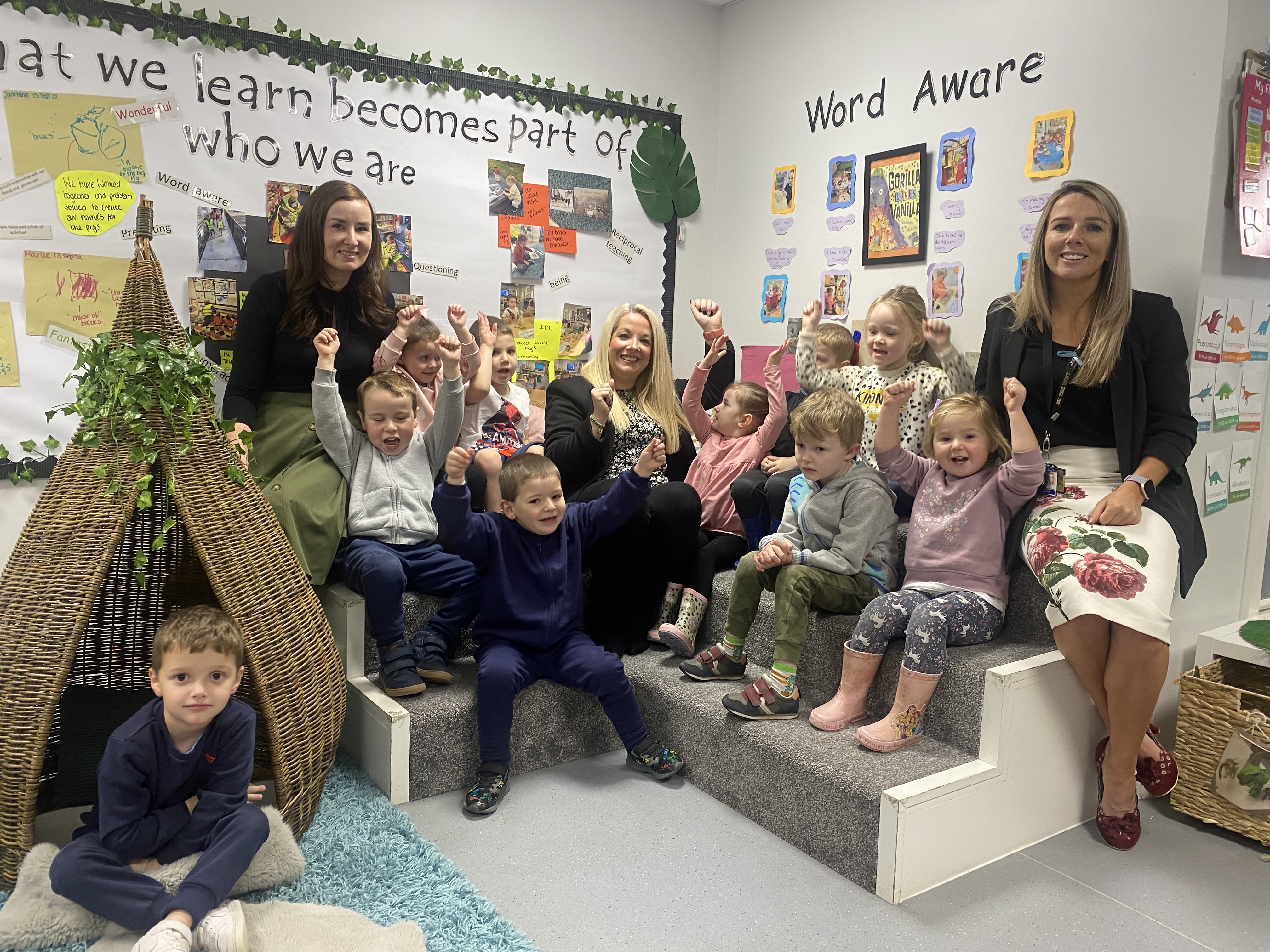 Staff and children at Carleith Primary School Early Learning and Childcare Centre in Duntocher