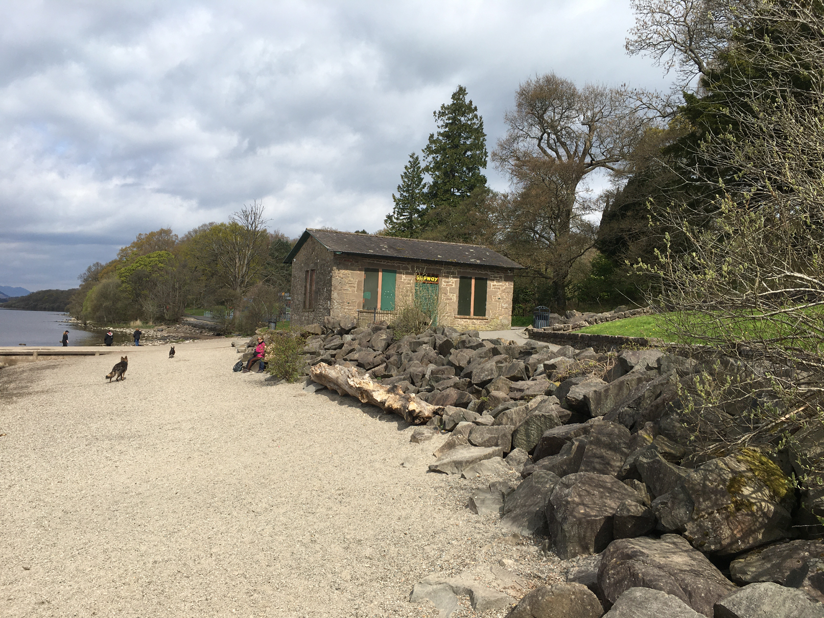 Slipway Kiosk Balloch Castle Country Park Kiosk view from the beach where 2 dogs are walking